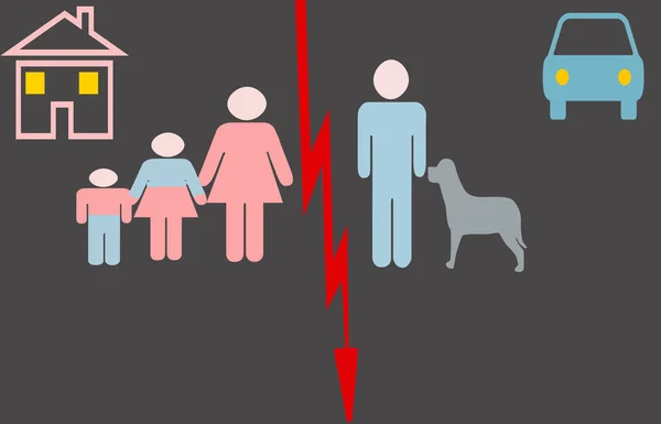 Gri bir arka planda, bir adam ve bir köpek bir tarafta, yukarıda bir araba. İkinci tarafta bir kadın, bir kız ve bir oğlan, üstte bir ev var. Kırmızı bir ok onları ayırıyor.. 