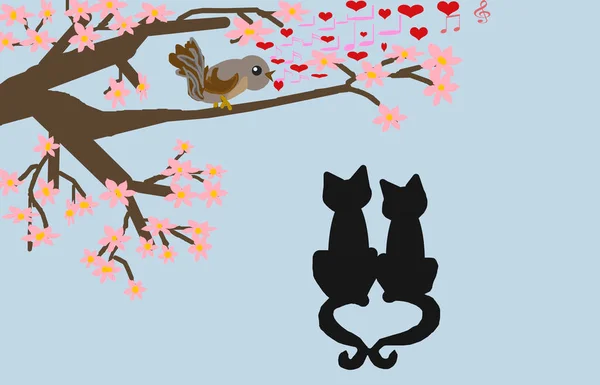 Abstrakce Pták Zpívá Kvetoucím Stromě Pod Stromem Dvě Kočky Poslouchají — Stock fotografie