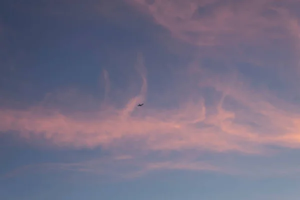 在明亮的天空中 在被夕阳西下染成粉红色的云彩的衬托下 飞机上的一个小点渐渐消失了 — 图库照片