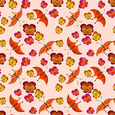 Vektör grafikleri. Şablon. Pembe arka planda egzotik kelebekler ve menekşe çiçekleri.