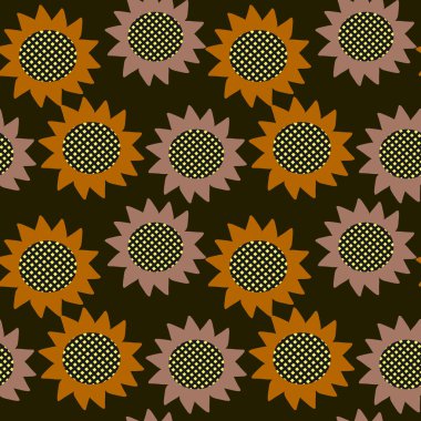 Şebeke desenli merkezlere sahip biçimlendirilmiş çiçeklerle kusursuz vektör ayçiçeği deseni, koyu arkaplanda çeşitli gölgelerde turuncu ve kahverengi taç yaprakları..