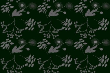 Kusursuz soyut vektör botanik deseni gri karahindiba tohumu başlıkları, böğürtlen dalları, biçimlendirilmiş yapraklar ve koyu yeşil arka planda soyut çiçek unsurları..