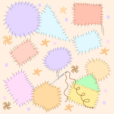 Pastel renkli el dikişli kumaş parçalarının, kahverengi işlemeli iplik, iğne ve açık bej üzerinde küçük yıldız çiçeklerinin oyuncaksız vektör deseni..