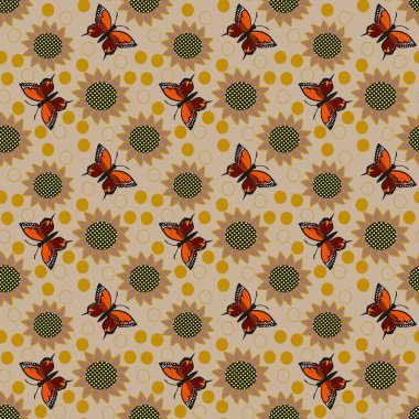 Turuncu kral kelebeklerinin kusursuz vektör deseni ve bej üzerine sarı benekli kareli ayçiçekleri..