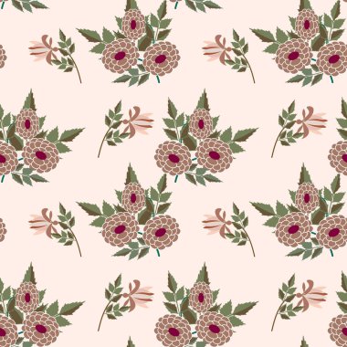 Kasımpatı, şakayık ve dalya gibi kahverengi renkte çiçeklerle şeffaf vektör deseni yumuşak bej arka planda..