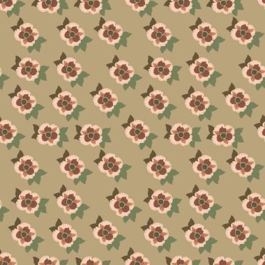 Şekillendirilmiş kahverengi ve şeftali anemonisi benzeri çiçekleri olan kusursuz bir vektör deseni, sıcak haki-bej arka planda yeşil yapraklar..