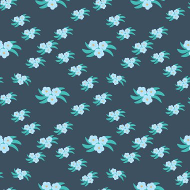 Küçük açık mavi-beni-unutma-çiçekleri, deniz mavisi yaprakları ve koyu donanma arka planında turuncu merkezli kusursuz vektör deseni..