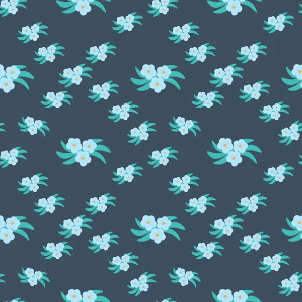 Küçük açık mavi-beni-unutma-çiçekleri, deniz mavisi yaprakları ve koyu donanma arka planında turuncu merkezli kusursuz vektör deseni..