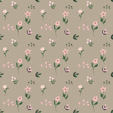 Narin, pürüzsüz çiçek deseni, küçük el yapımı kır çiçekleri, küçük pembe çiçekler ve sessiz, yeşil arka planda çanlar, vektör çizimi..