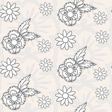Delicate vector seamless pattern with outlined daisies, wildflowers and leaves on light beige background featuring large subtle floral motifs. Black line art floral design.