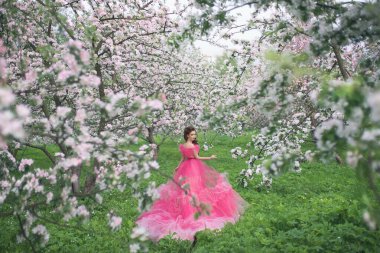 Açık pembe balo elbisesi içinde uzun saçlı güzel bir genç kız çiçek açmış bir elma bahçesinde yürüyor.