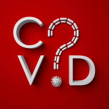 Kapsül hapları ve virüs hücresinden oluşan bir soru işareti. Hepsi COVID 'ye kazınmış. Koronavirüs önleme, tedavi ve sonuçları. Kırmızı ve beyaz 3D görüntüleme arkaplanı.