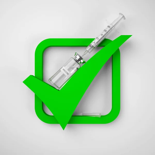 Symbol Ikony Zielonego Znaku Kontrolnego Butelka Szczepionki Strzykawka Białym Tle — Zdjęcie stockowe