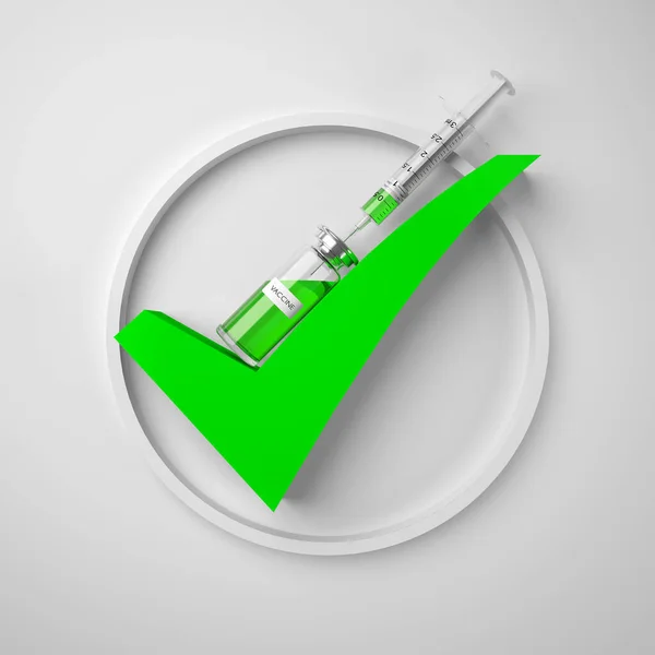 Grön Markering Symbol Vaccinflaska Och Spruta Vit Bakgrund Global Koronavirusvaccination — Stockfoto