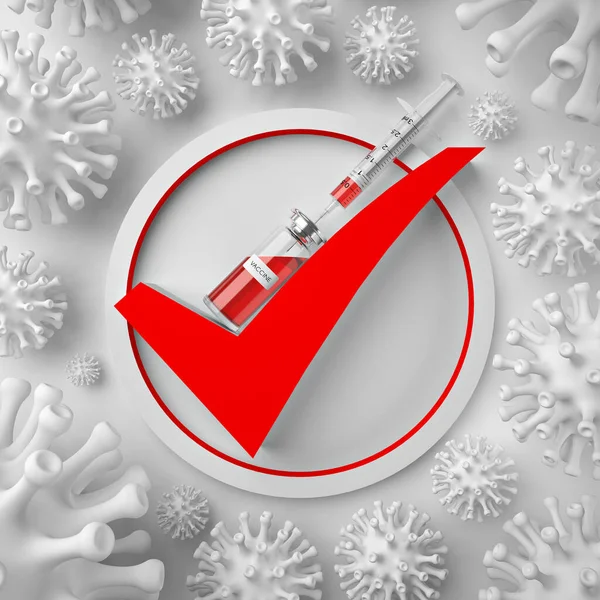 Red Check Mark Icon Symbol Vaccine Bottle Syringe Virus Cells — Stock Photo, Image
