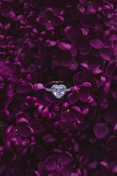 White gold engagement ring with a heart-shaped diamond lying among dark purple lilac flowers. An elegant floral wedding background.