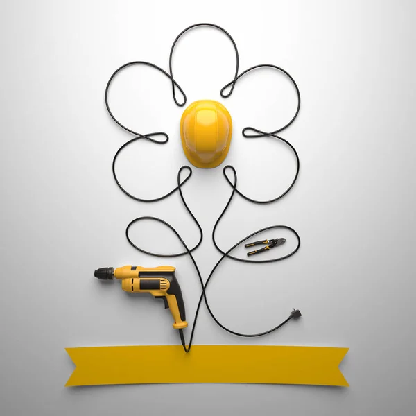 Symbolic Flower Made Drill Wire Protective Helmet White Background Greeting — Fotografia de Stock