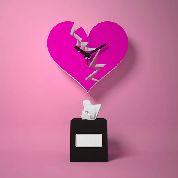 Kırık Kalp Şeklinde Bir Saat Pembe Arka Planda Bir Paket — Stok fotoğraf