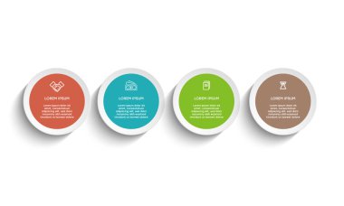 Bilgisel. Simgeli bilgi ögesi ve 4 sayı seçeneği veya adımı. İşlem şeması, sunumlar, iş akışı düzeni, afiş, akış şeması, bilgi grafiği için kullanılabilir.