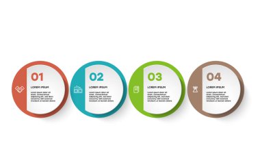 Bilgisel. Simgeli bilgi ögesi ve 4 sayı seçeneği veya adımı. İşlem şeması, sunumlar, iş akışı düzeni, afiş, akış şeması, bilgi grafiği için kullanılabilir.