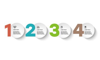 Bilgisel. Simgeli bilgi ögesi ve 4 sayı seçeneği veya adımı. İşlem şeması, sunumlar, iş akışı düzeni, afiş, akış şeması, bilgi grafiği için kullanılabilir.