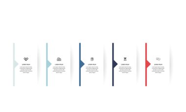 Bilgisel. Simgeli bilgi ögesi ve 5 sayı seçeneği veya adımı. İşlem şeması, sunumlar, iş akışı düzeni, afiş, akış şeması, bilgi grafiği için kullanılabilir.