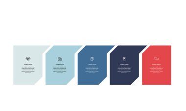 Bilgisel. Simgeli bilgi ögesi ve 5 sayı seçeneği veya adımı. İşlem şeması, sunumlar, iş akışı düzeni, afiş, akış şeması, bilgi grafiği için kullanılabilir.