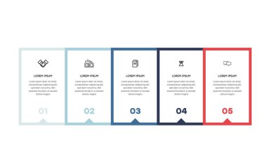 Bilgisel. Simgeli bilgi ögesi ve 5 sayı seçeneği veya adımı. İşlem şeması, sunumlar, iş akışı düzeni, afiş, akış şeması, bilgi grafiği için kullanılabilir.