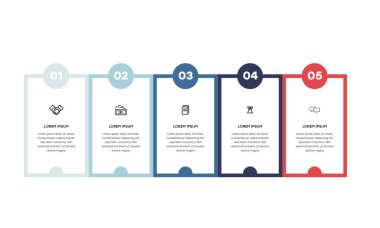 Bilgisel. Simgeli bilgi ögesi ve 5 sayı seçeneği veya adımı. İşlem şeması, sunumlar, iş akışı düzeni, afiş, akış şeması, bilgi grafiği için kullanılabilir.