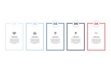 Bilgisel. Simgeli bilgi ögesi ve 5 sayı seçeneği veya adımı. İşlem şeması, sunumlar, iş akışı düzeni, afiş, akış şeması, bilgi grafiği için kullanılabilir.