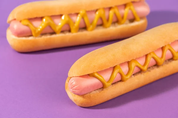 Közelkép a friss hot dogról mustárral — Stock Fotó