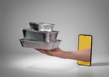 El, telefon ekranından folyo paketinde bir yığın yiyecek veriyor.