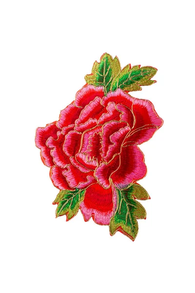 Pink peony embroidered patch isolated on white background — Stock Photo, Image