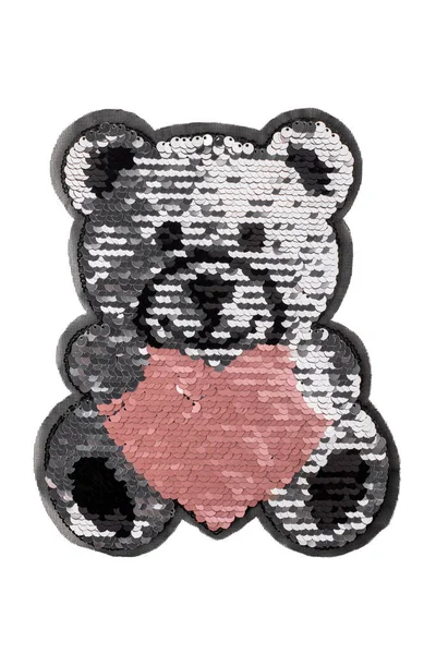 Silver Teddy bear with pink heart sequin patch isolated on white background — Stock Photo, Image