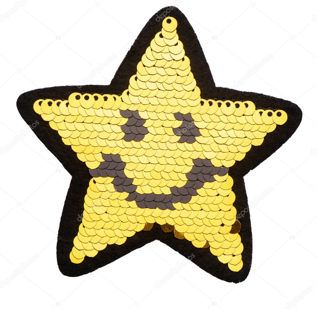 Golden sequin star with smile patch isolated on white background