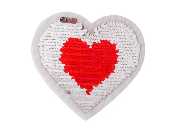 White and red sequin heart isolated on white background — Stock Photo, Image