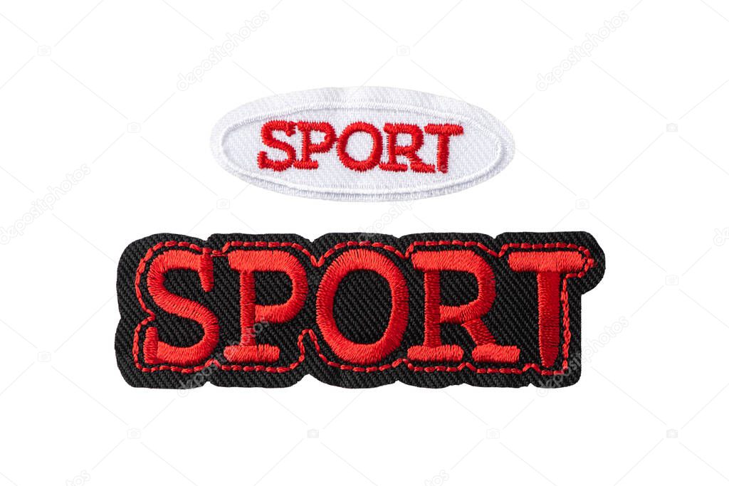 Set of SPORT embroidered badges isolated on white background