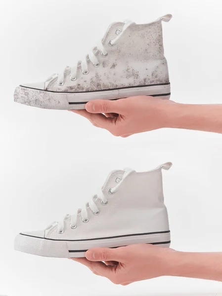 Zapatillas de lona blanca antes y después de la limpieza —  Fotos de Stock