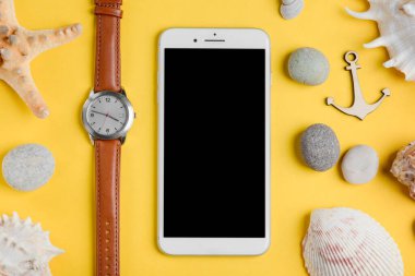 Deniz kabukları, deniz yıldızları ve çakıl taşları arasında saat ve cep telefonu