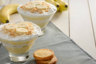 Muz dilimleri ve kurabiye kırıntılarıyla iki porsiyon kremalı puding.