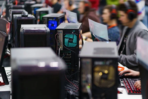 Lot of PC towers on a gaming tournament, selective focus