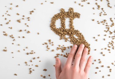 El süpürüyor altın parçalarından yapılmış bir dolar işareti