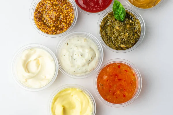 Top view on various sauces in cups for dipping — Stock Photo, Image