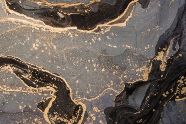 Yüksek çözünürlük Alkol mürekkebi tekniği, siyah, gri ve altın boyaların karışımı lüks, soyut ve akışkan sanat eserleri. Mermer kesiği, parıldayan altın damarların taklidi. Yumuşak ve rüya gibi bir tasarım..