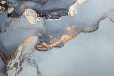 Alkol mürekkebi tekniği, siyah, gri ve altın boyaların karışımı lüks, soyut ve akışkan sanat eserleri. Mermer kesiği, parıldayan altın damarların taklidi. Yumuşak ve rüya gibi bir tasarım..