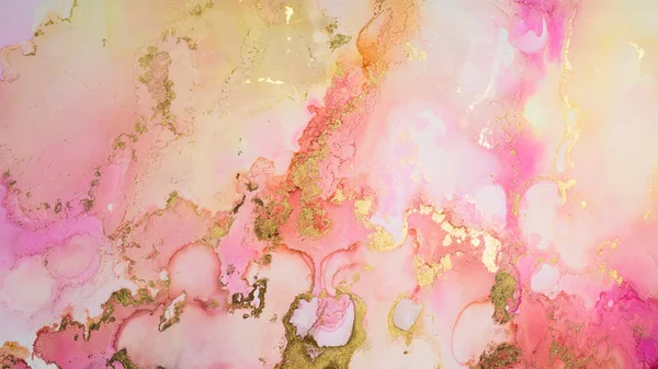 Luxury abstract fluid art painting in alcohol ink technique, mixture of pink, yellow and gold paints. Imitation of marble stone cut, glowing golden veins. Tender and dreamy design.