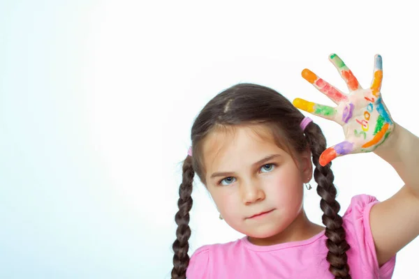 Beautiful Little Girl Her Hands Full Paint — Stock Photo, Image