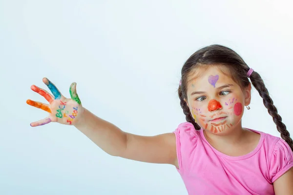 Beautiful Little Girl Her Hands Full Paint — Stock Photo, Image