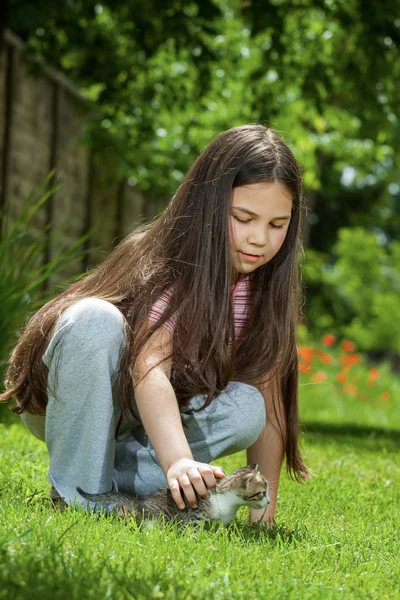 Niña feliz con un pequeño gato —  Fotos de Stock