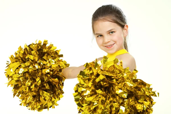 Bella cheerleader sorridente con pompon. Isolato su bianco — Foto Stock